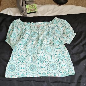 Ann Taylor LOFT Teal and White Patterned Blouse